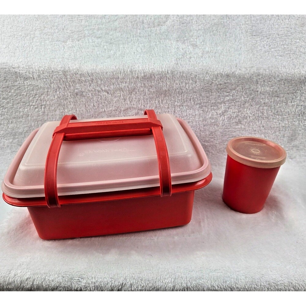 Vintage Tupperware Red Sandwich Keeper Lunch Box + Cup w/ Lid & Handle Vintage
